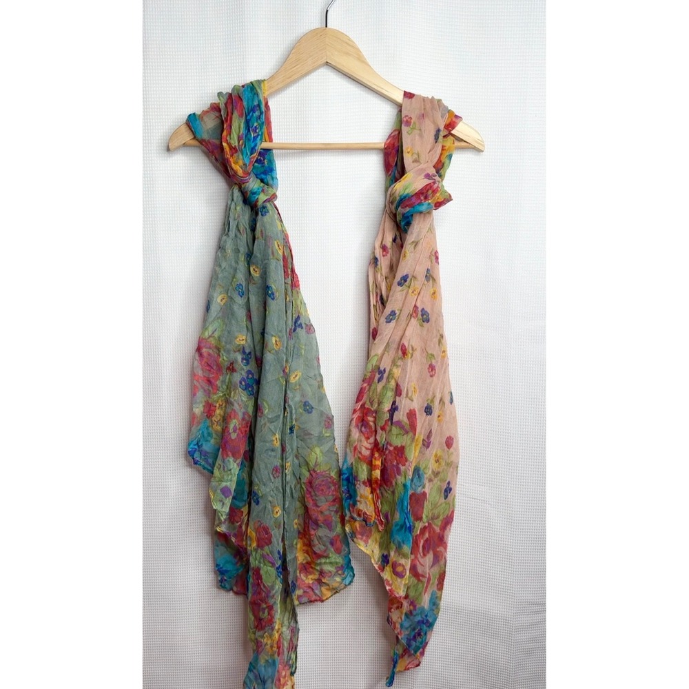 Bundle 2 Chic Floral Scarfs Lightweight Multi Color Sheer Gauze Bohemian Wrap